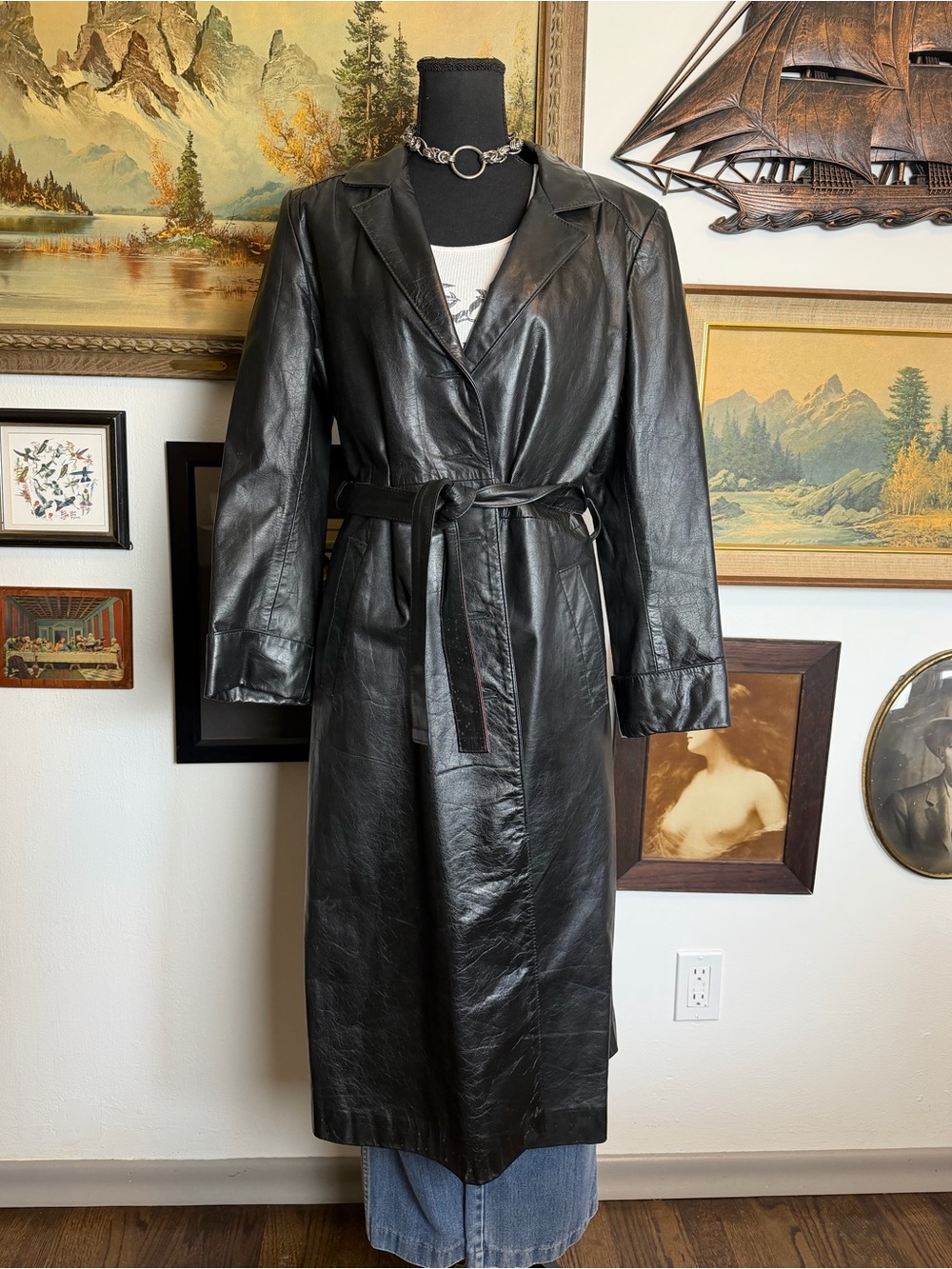 Vintage 90s-Y2k Long Black Leather Belted Trench Coat Women's